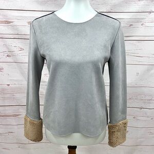Zara Faux Suede Super Soft Fur Trim Cuff Pullover Top